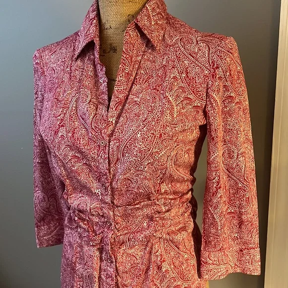 New York & Company Button Up Collared Blouse Quarter Sleeve Cinched Waist Size S - Picture 2 of 5